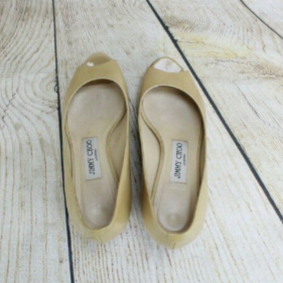 Jimmy Choo Beige Patent Leather Peep Toe Low Wedge Slip On Shoes Size 5 - Picture 6 of 8